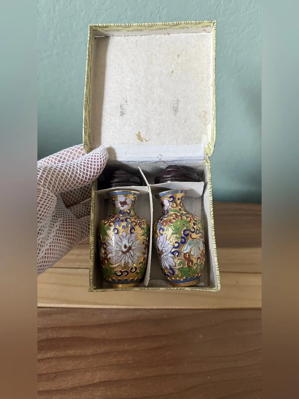 Vintage Chinese Cloisonne Lotus Vases 3” Pair w/ Wood Stands & Original Box